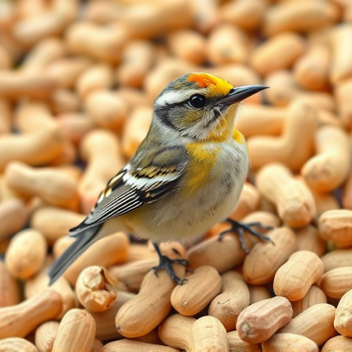 Peanut feeder surrounded by winter garden scenery