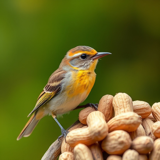 Peanut feeder surrounded by winter garden scenery