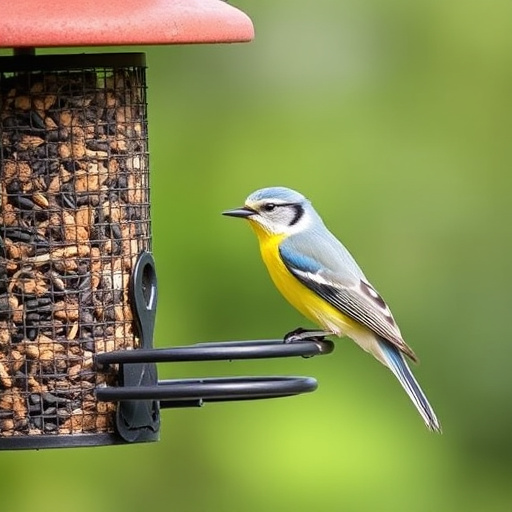 Peanut feeder surrounded by winter garden scenery