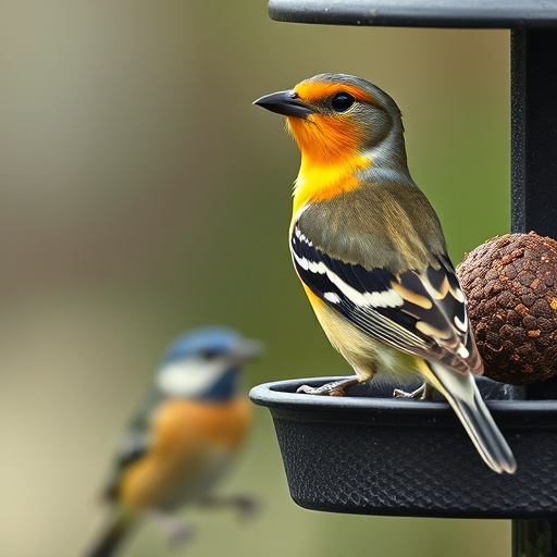 Peanut feeder surrounded by winter garden scenery