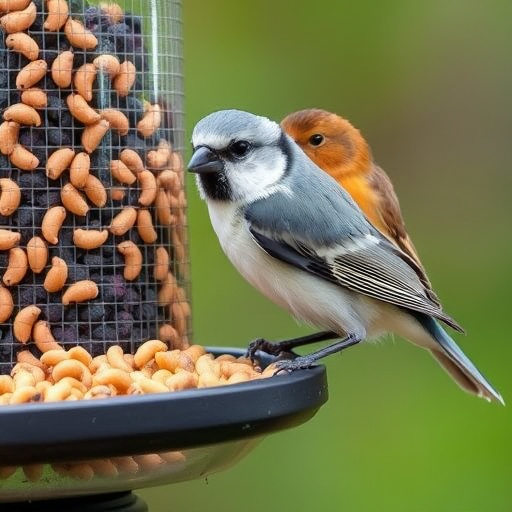Perching finches enjoying dried mealworms