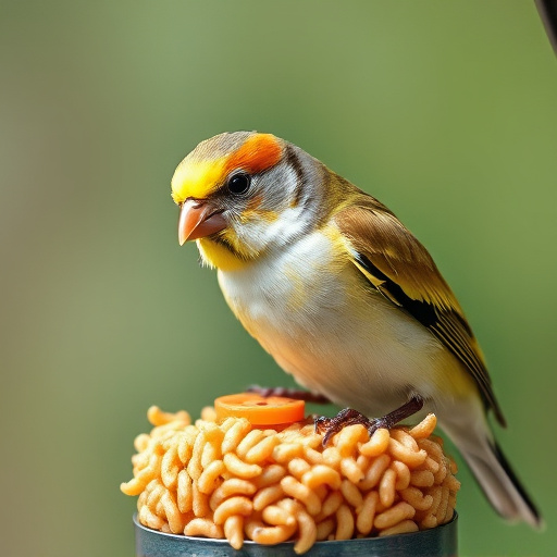 Perching finches enjoying dried mealworms
