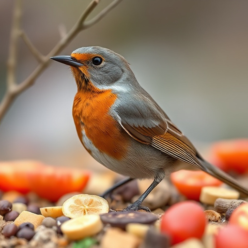 Robin eating mealworms from garden dish