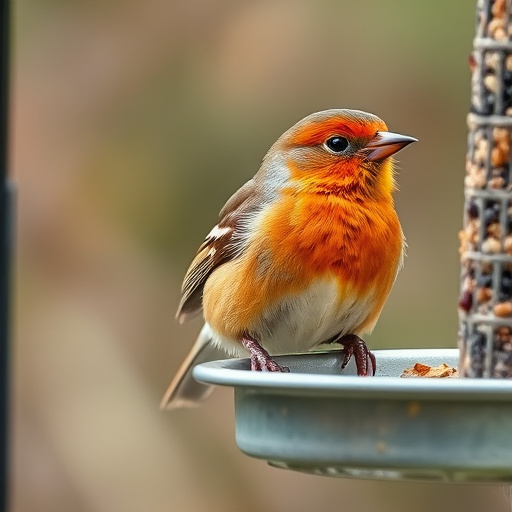 Robin feeding on mealworms in dish