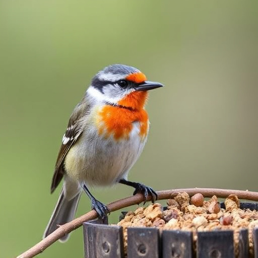 Robin feeding on mealworms in dish