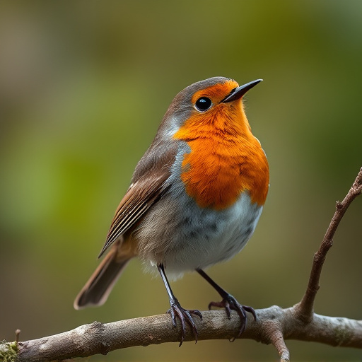 Robin flying across frosty winter hedge
