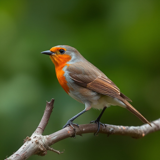 Robin flying across frosty winter hedge