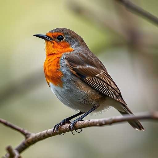 Robin flying across frosty winter hedge