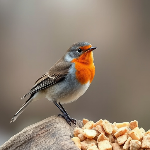 Robin on bird table with suet pellets
