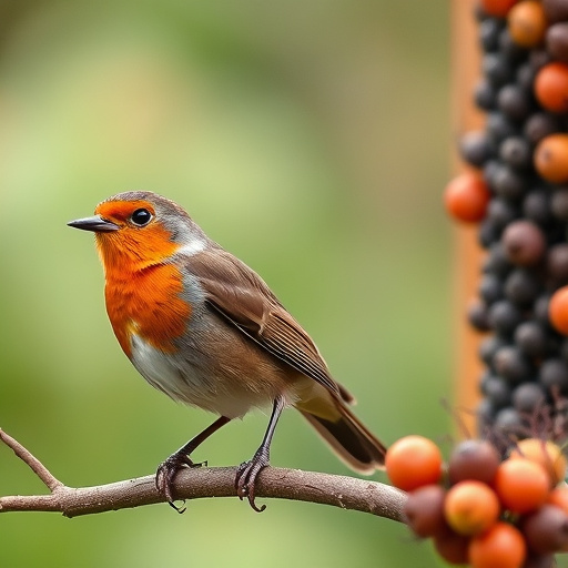 Robin pecking at suet pellets