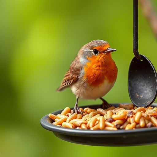 Robin perched beside mesh mealworm feeder