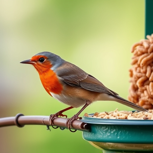 Robin perched beside mesh mealworm feeder