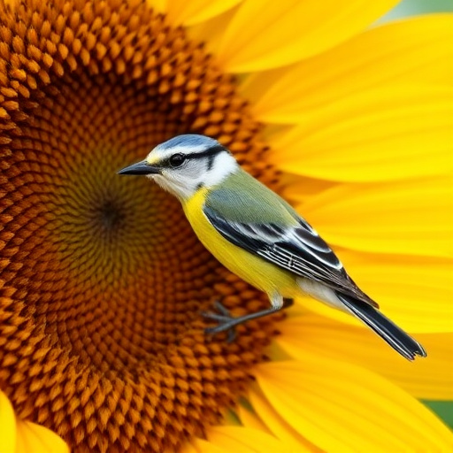 Robin perched near sunflower hearts on table