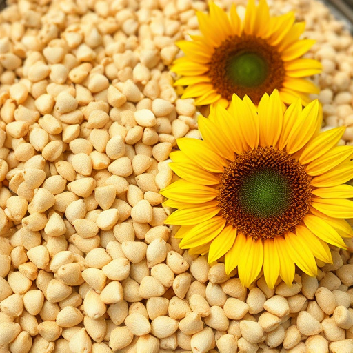 Robin perched near sunflower hearts on table