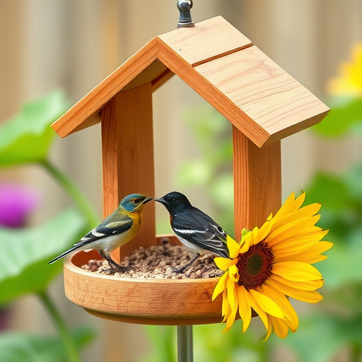 Robin perched near sunflower hearts on table