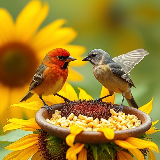 Robin perched near sunflower hearts on table