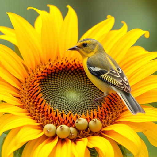 Robin perched near sunflower hearts on table