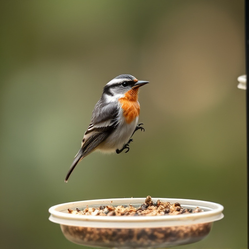 Robin perched near sunflower hearts on table