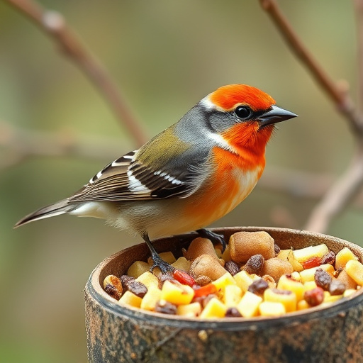 Robins eating from suet pellet pile