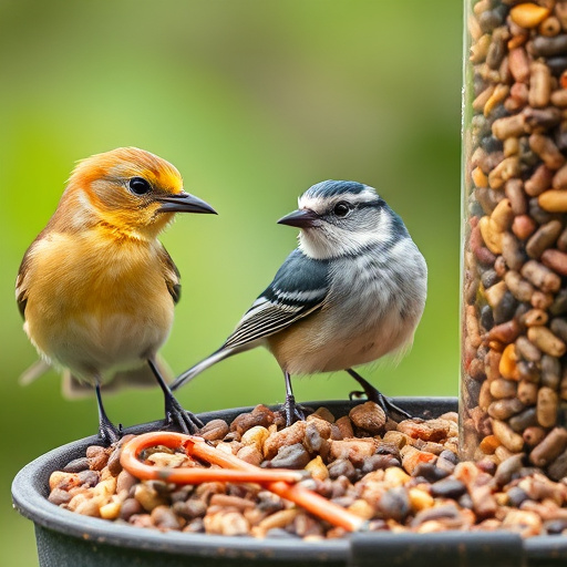 Robins feeding on chopped fruit pieces