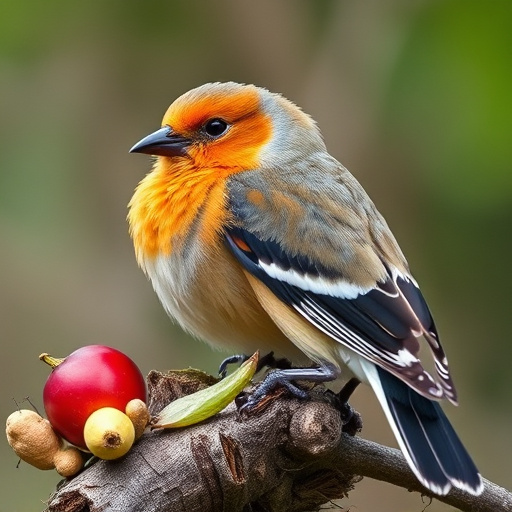 Robins feeding on chopped fruit pieces