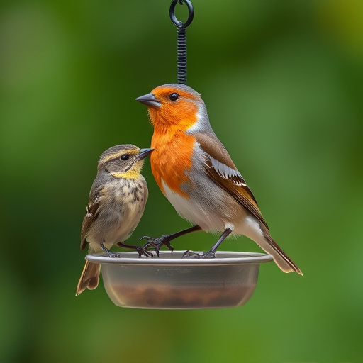 Robins feeding on low garden tray