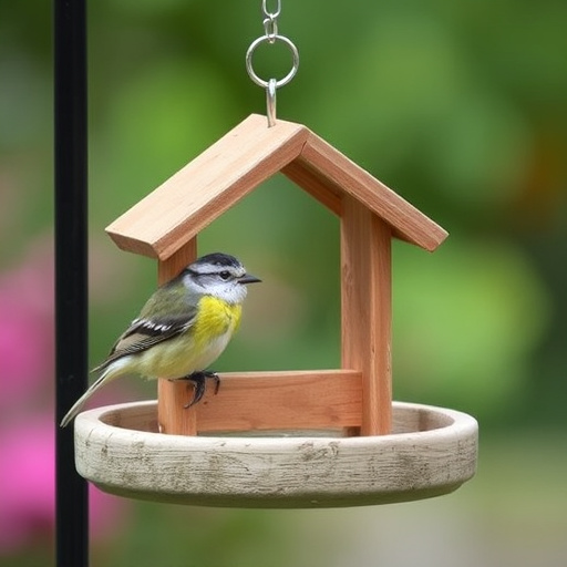Rope-secured bird table with seed