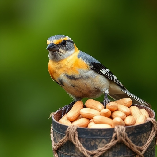 Rustic container filled with bird peanuts