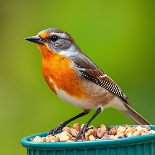 Small birds eating at garden station