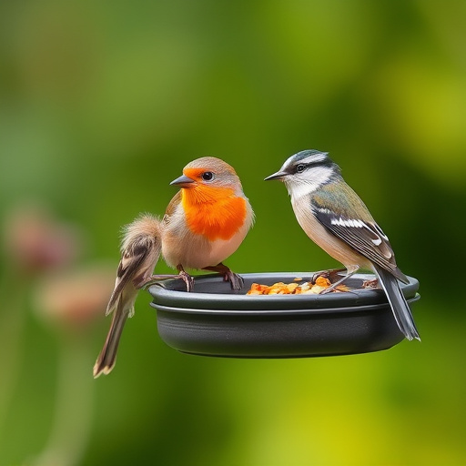 Small birds eating at garden station