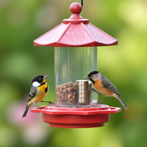 Small birds eating at garden station
