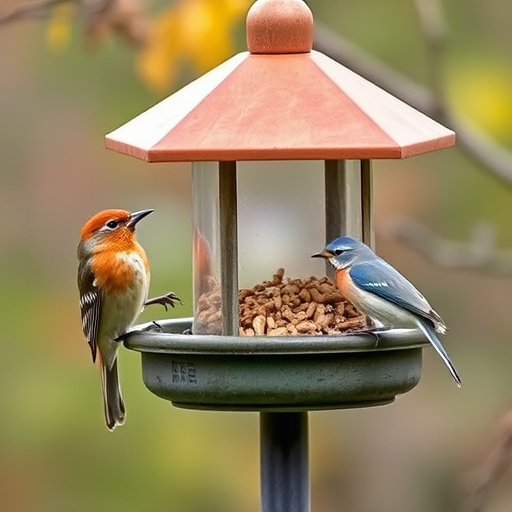 Small birds eating at garden station