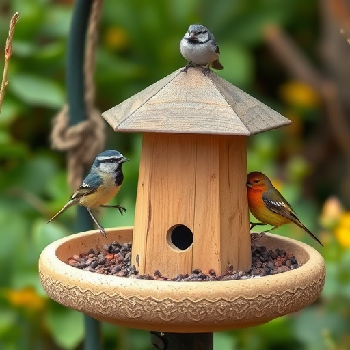 Small birds eating at garden station