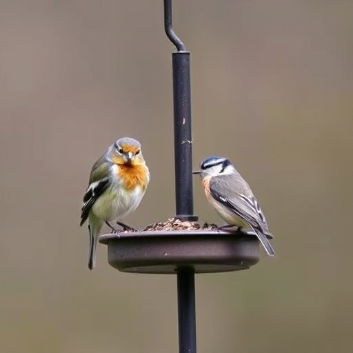 Small birds eating at garden station