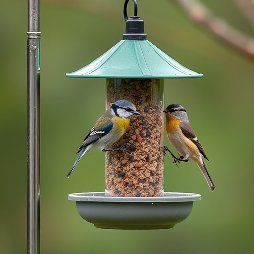 Small birds eating at garden station
