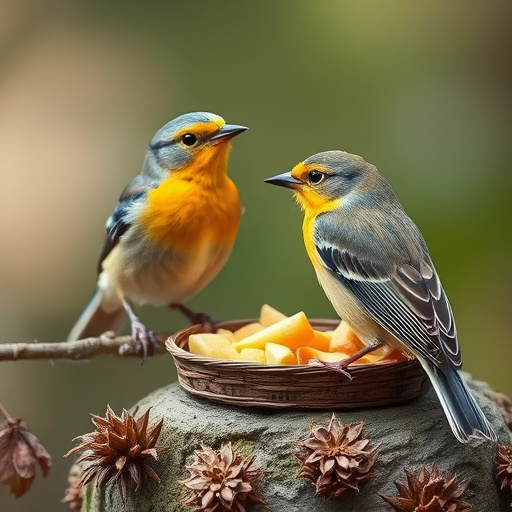 Small birds eating dried fruit pieces