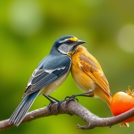 Small birds eating juicy summer fruits