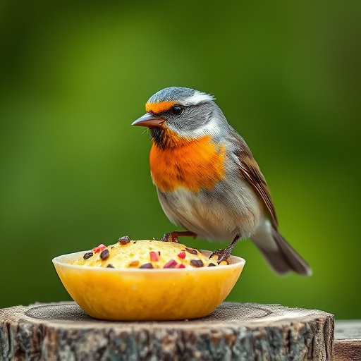 Small birds eating juicy summer fruits