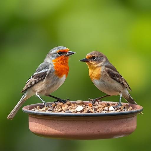 Small birds eating juicy summer fruits