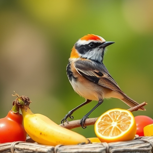 Small birds eating juicy summer fruits