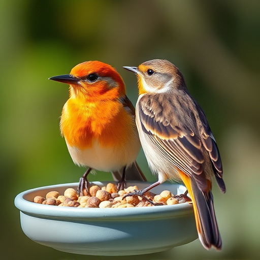 Small birds eating juicy summer fruits