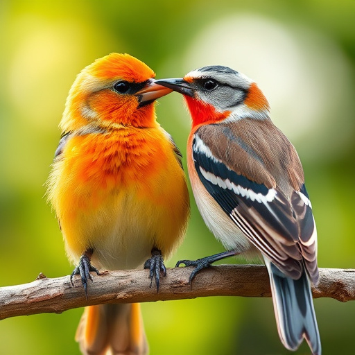 Small birds eating juicy summer fruits