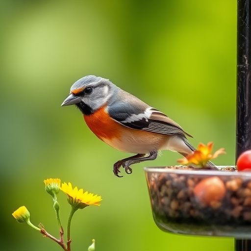 Small birds eating juicy summer fruits