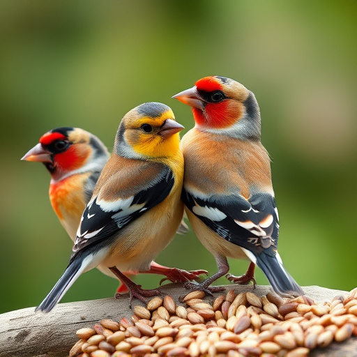 Small birds eating seed from tray