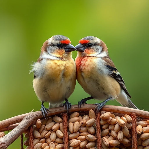 Small birds eating seed from tray