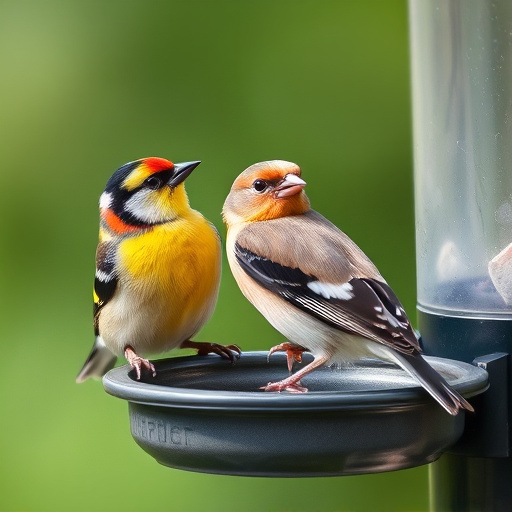 Small birds eating seed from tray