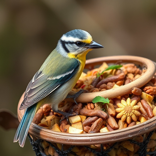 Small birds feeding from scattered seeds