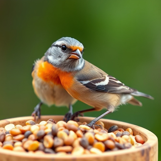 Small birds feeding from scattered seeds