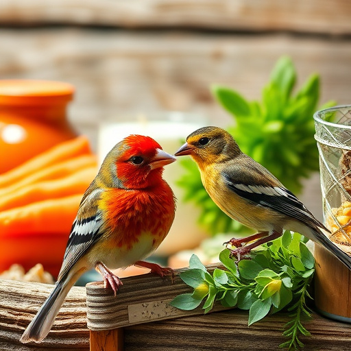 Small birds feeding from scattered seeds