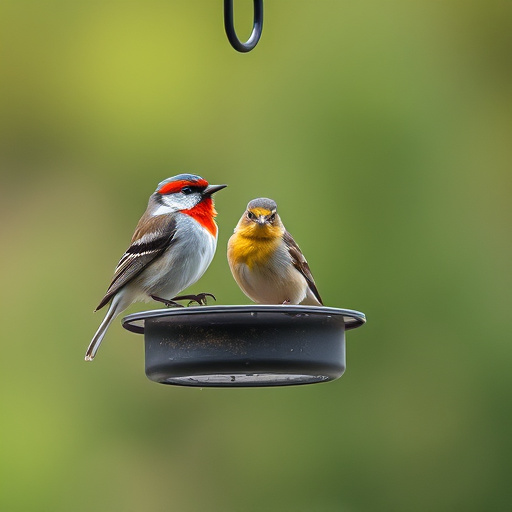 Small birds feeding from specialized feeder